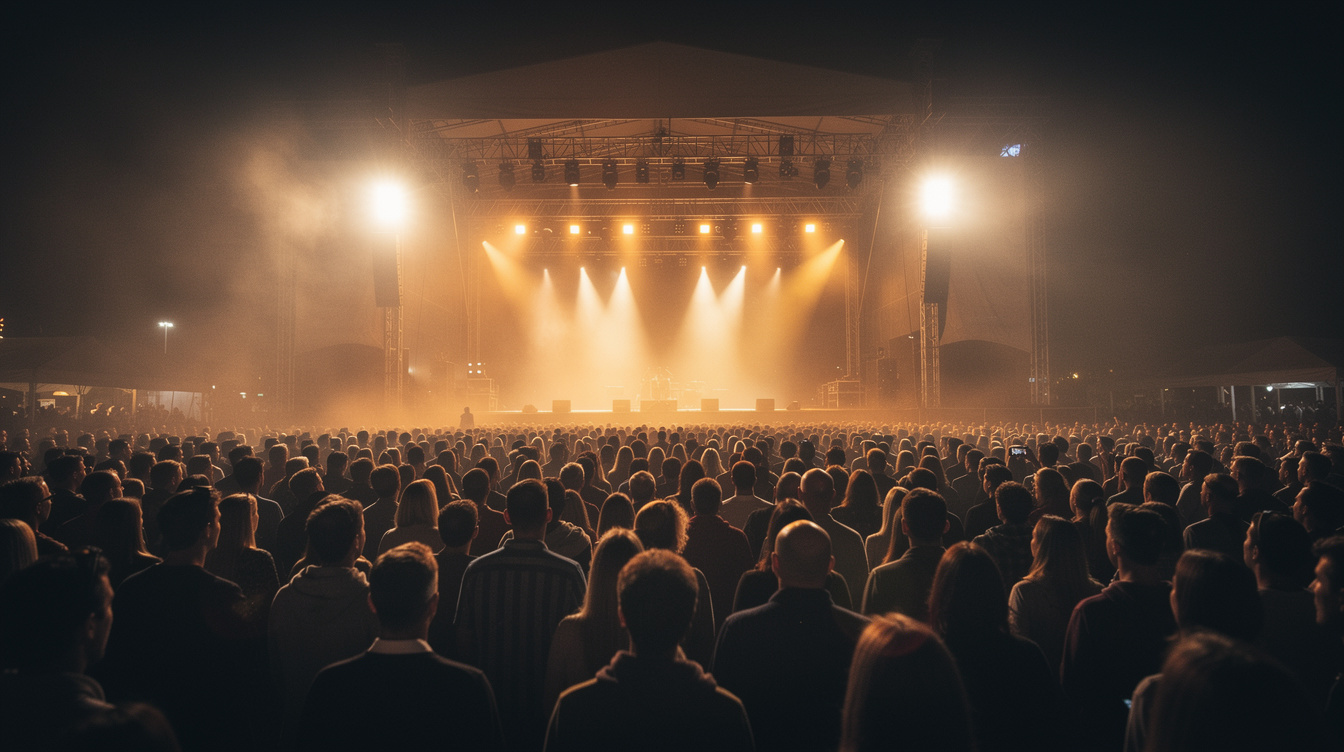 Silhouettes of an audience watching a lit stage at night